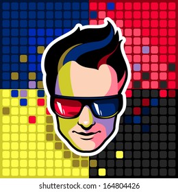 Men wearing 3d glasses on abstract pixel background