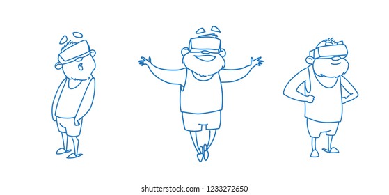 men wearing 3d virtual reality glasses modern vr technology concept different poses sketch doodle horizontal vector illustration