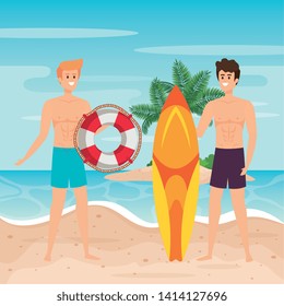 men wearing bathing shorts with float and surfboard