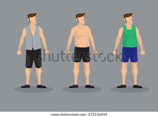 Men wearing casual fashion with shorts and\
different tops. Set of three vector character set for men fashion\
isolated on plain grey\
background.