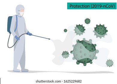 Men wearing chemical protective suit Spraying chemical to protect coronavirus ( 2019 - nCoV ) concept