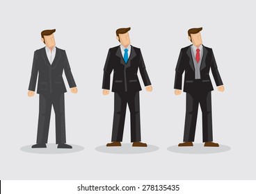 Men wearing different style formal black single breasted business suits with neckties. Set of three vector cartoon fashion characters isolated on plain background.