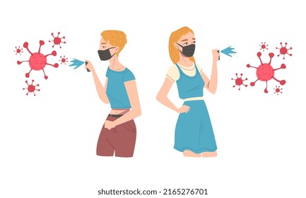 Men wearing face protective masks using antibacterial spray to virus spread prevention cartoon vector illustration