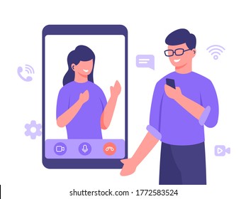 Men wearing glasses holding smart phone make video call girl on screen with flat cartoon style .