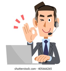 Men wearing the headset that shows the sign of OK