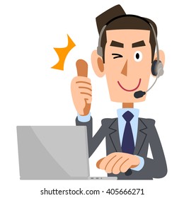 Men wearing the headset to thumb up