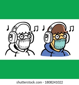 men wearing masks listening to music cartoon