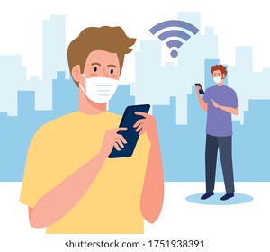 hombres con mascarilla médica comunicándose por smartphone, covid 19, concepto de coronavirus de los medios sociales diseño de ilustración vectorial