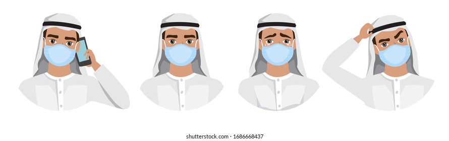 Hombres con mascarillas médicas para prevenir enfermedades, gripe, contaminación del aire, aire contaminado, contaminación del mundo. Conjunto de emociones diferentes. Ilustración de vectores en un estilo plano