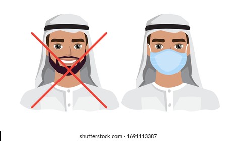 Men wearing medical mask to prevent disease, flu, air pollution, contaminated air, world pollution. Vector illustration in a flat style