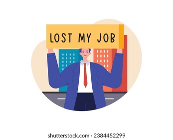 Hombres con trajes impecables están protestando en la calle, la crisis del país está perdiendo empleos. Diseño de caracteres. Ilustración plana del vector