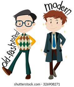 Men wearing old-fashioned and modern clothes illustration
