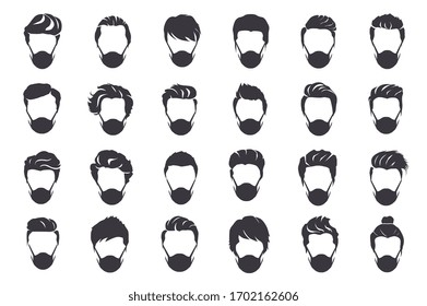 Men wearing protection face mask against coronavirus. Set of hairstyles for men. Collection of black silhouettes of hairstyles and mask. Vector illustration 