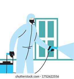 Men wearing protective suits and isolated disinfectant to avoid covid 19, disinfecting houses vector illustration design