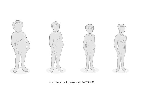 men weight loss. different stages of completeness. healthy lifestyle. proper nutrition. vector illustration.