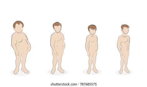 men weight loss. different stages of completeness. healthy lifestyle. proper nutrition. vector illustration.
