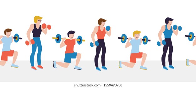 Men weightlifting dumbbells fitness sport seamless vector border. Hand drawn Illustration for gym class, sport event, flyer, fitness studio advertisement, poster, card