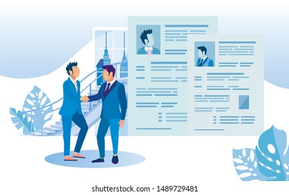 Men Welcome in Lobby Office in Background Summary. Coworking Center. Vector Illustration. Communicate in Office. Get Job. Review Resume. Men in Hall Coworking Center Shake Hands Each Other.