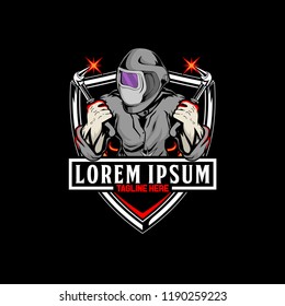 men with welding machines and helmets vector template logo emblem