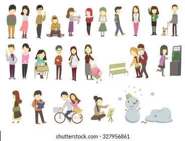 men and weman  winter fashion cartoon character flat design set