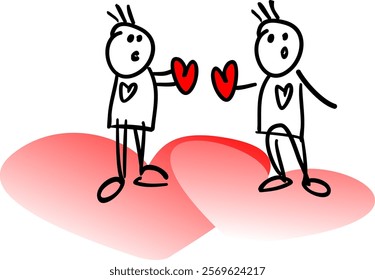 
The men went on a date, walking around holding two red hearts in their hands. Vector illustration of a homosexual couple in love