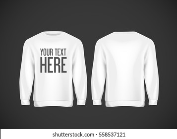 Men white hoddy. Realistic mockup with brand text for advertising. Long sleeve hoody template on background.