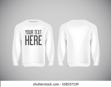 Men white hoddy. Realistic mockup with brand text for advertising. Long sleeve hoody template on background.