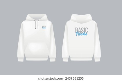 Men white hoody. Realistic jumper mockup. Long sleeve hoody template clothing.