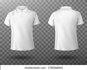 Men white polo shirt front and back view. Vector realistic mockup of male blank t-shirt with collar and short sleeves, sport or casual apparel isolated on transparent background