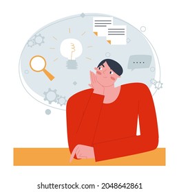A men with white skin sits at her desk and thinks. A cloud of thoughts in search of ideas. Flat vector illustration.