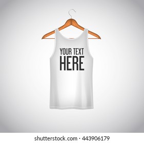 Men white tank top isolated. Realistic mockup whit brand text for advertising. T-shirt template on background.