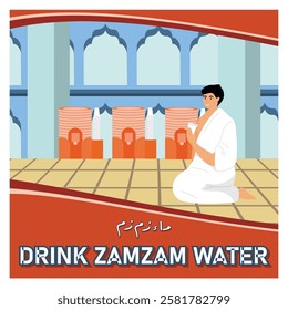 Men in white traditional attire drinking water at a Zamzam station in a mosque, complemented by an artistic and cultural environment emphasizing spirituality. Flat vector modern illustration 