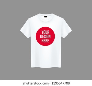 Men white T-shirt. Realistic mockup with brand text for advertising. Short sleeve T-shirt template on background.