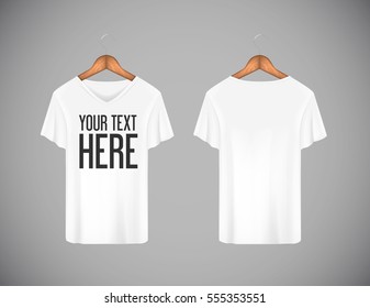 Men white T-shirt. Realistic mockup whit brand text for advertising. Short sleeve T-shirt template on background.