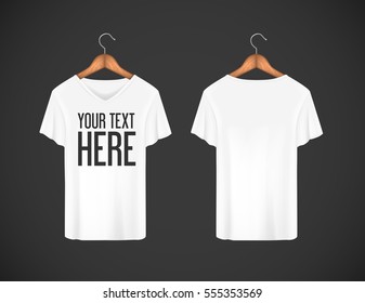 Men white T-shirt. Realistic mockup whit brand text for advertising. Short sleeve T-shirt template on background.