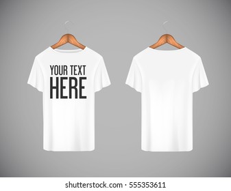 Men white T-shirt. Realistic mockup whit brand text for advertising. Short sleeve T-shirt template on background.