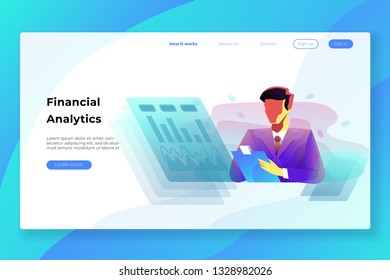 men who are analyzing the progress of their company with advanced technology and wearing blue wear glasses - All elements on this template are editable with vector software