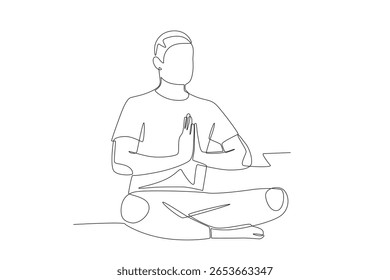 Men who do yoga to relieve stress. Mental health retreats concept one-line drawing