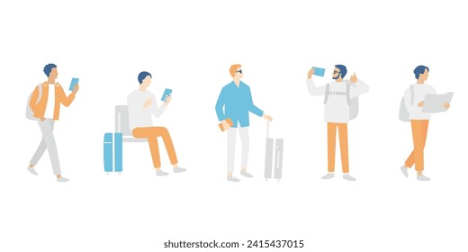 Men who enjoy traveling. Take a selfie with your smartphone and search. Look at the map and walk. Depart for sightseeing spots. Vector illustration set.