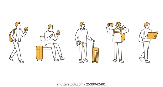 Hombres que disfrutan de viajar. Tómate un selfie con tu smartphone y busca. Mira el mapa y camina. Salida hacia lugares de interés turístico. Conjunto de Ilustración vectorial.