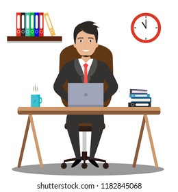 men who have a lot work with laptop but keep smile vector