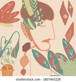 Die Männer, die in der pflatternden ethnischen Dschungel, Blumenwelt, dekoratives Plakat.