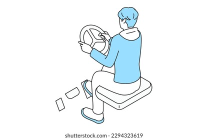 Men who play car driving and racing games, Vector Illustration