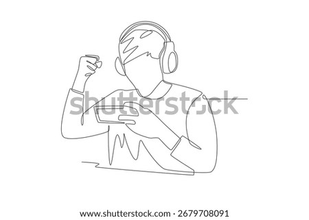Men who play competitive mobile games. Co‑op game concept one-line drawing