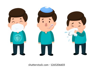 Men who are sick with the flu Put on a mask to prevent disease. Vector on white background.
