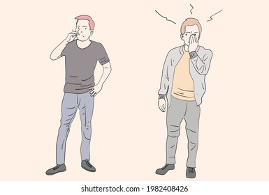 Men who smoke in public places and disturb those around them. The man covered his nose because he was disturbed by cigarette smoke. Hand drawn style vector design illustrations.