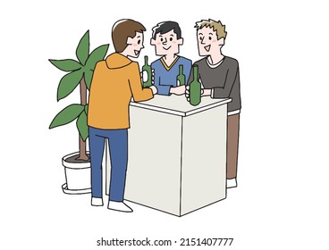 Men who talk while drinking beer in a standing drinking table, a gathering of men who can be trusted from the bottom of their hearts, a comical person vector
