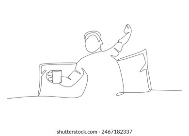 Men who wake up immediately drink coffee. Waking up in the morning concept one-line drawing