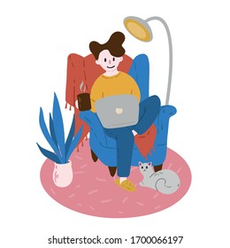 Men who work on a laptop are sitting in a chair. A cozy illustration about working from home, home office with a cat.