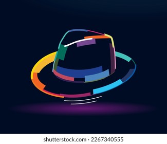 Men wide brimmed high crowned sable fedora hat, hat man, abstract, colorful drawing. Vector illustration of paints